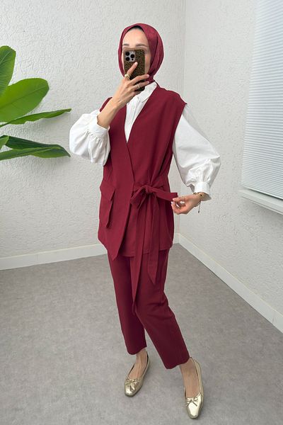 Salih Çelebi Σετ Παντελόνι Γιλέκο Ζώνης 2243 - Claret Red
