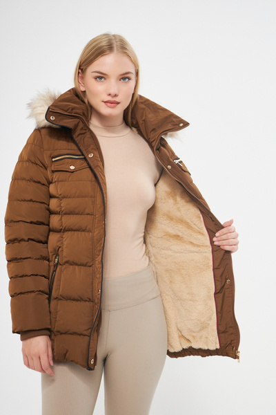 DYNAMO Kadın Karamel Kapüşonu Çıkartılabilen Kürk Astarlı Kalın Kaban 5303