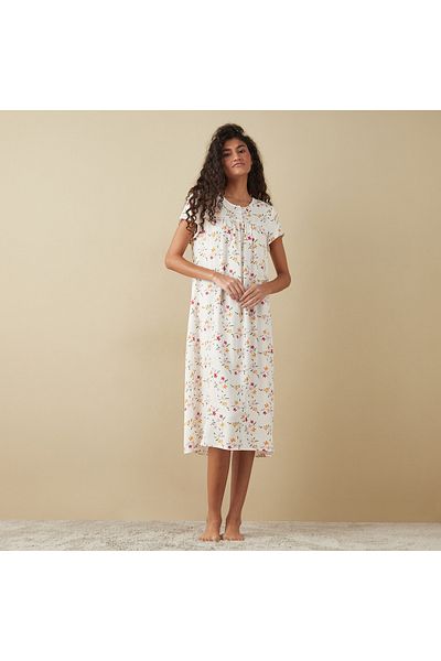 FAV Floral Print Sleepshirt with Short Sleeves