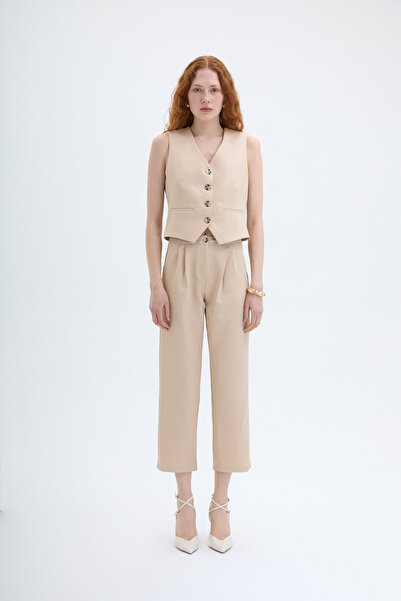 Quzu Μπεζ Χρώμα Μπροστινό Γιλέκο με Κουμπί