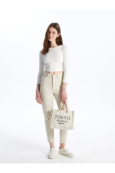 LC Waikiki Lcw Accessories Ekru Women's Tote Bag with Text Print