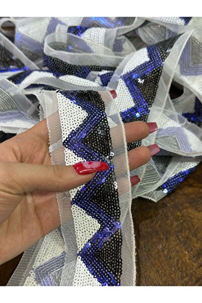 Gönülden Tasarım PUL PAYETLİ MAVİ SİYAH BEYAZ DESENLİ ŞERİT DİKİŞ GİYİM AKSES...