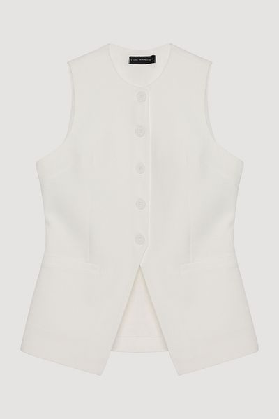 Quzu Ecru V-Cut Sleeveless Vest - Buttoned