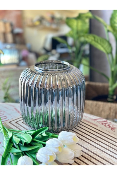 Genel Markalar Dekoratif Line Vazo Füme Büyük Boy 20*20 Cm - Nervürlü Cam Ori...