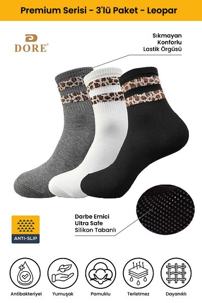 Dore Original Women's Set of 3 Black White Gray Socks with Leopard Print Anti-Slip and Anti-Slip Soles for Pilates and Yoga