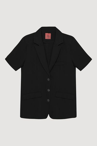 Quzu Double Breasted Lapel Short Sleeve Blazer Jacket Black