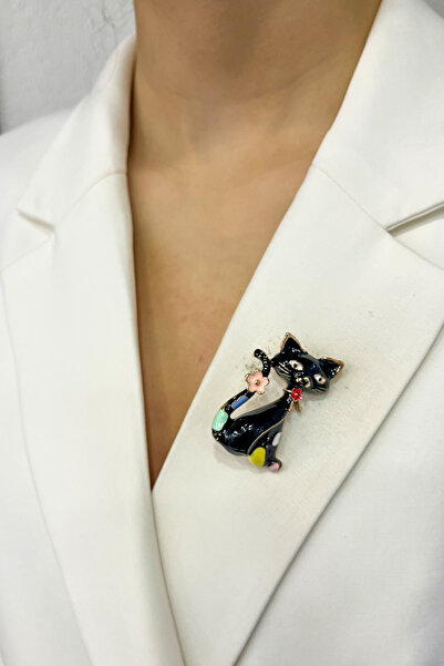 Modex Siyah Mineli Renkli Mineli Sevimli Kedi Broş (4CM)