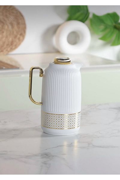 CEZVE HOME Luxury Stainless Steel Thermos Jug with Cream Gold Detail - 1 Lt.