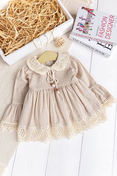 Babymod Lace Detailed Woven Fabric Beige Baby Girl Dress Stylish Special Occasion Dress