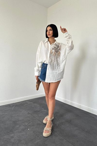 modaserdem Ecru Pulpayet Embroidered Sizeless Shirt