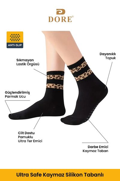 Dore Original Women's Set of 3 Black White Gray Socks with Leopard Print Anti-Slip and Anti-Slip Soles for Pilates and Yoga