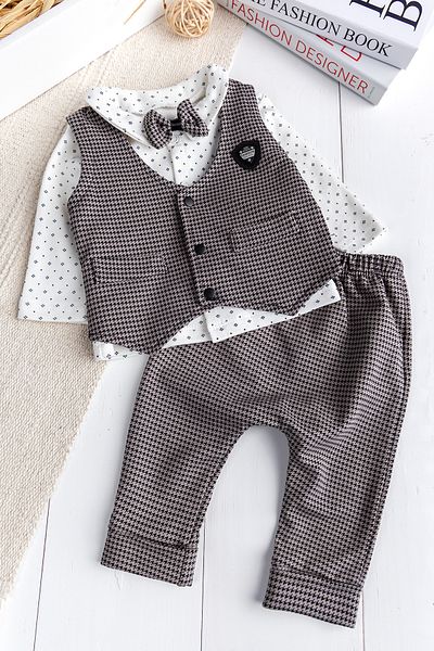 Babymod Goose Feet Patterned Vest and Bow Tie 4-Piece Baby Boy Suit Set Stylish Special Day