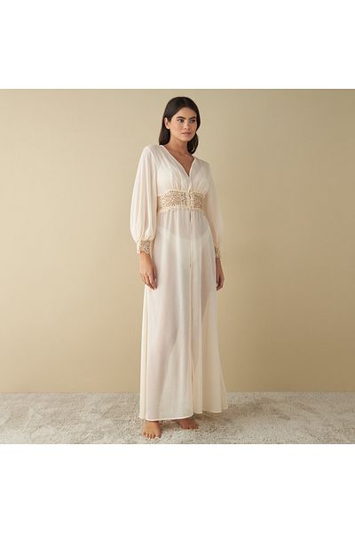 FAV Solid Night Gown with Lace Insert and Long Sleeves