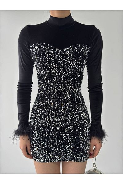 MRA Fashion Tepu Feather Detailed Dress