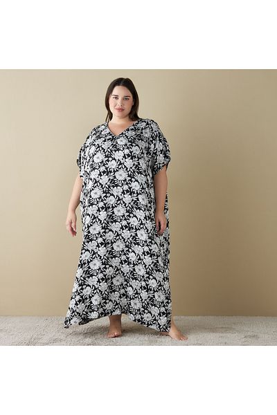 FAV All-Over Floral Print Night Dress with V-neck and Short Sleeves