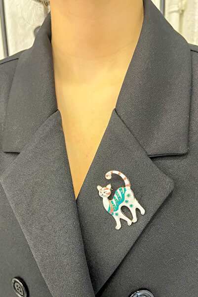 Modex Beyaz Mineli Renkli Sevimli Kedi Broş (3cm)