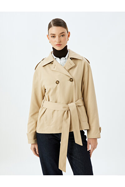 Koton Double Breasted Oversize Short Trench Coat with Pockets, Buttons and Belt