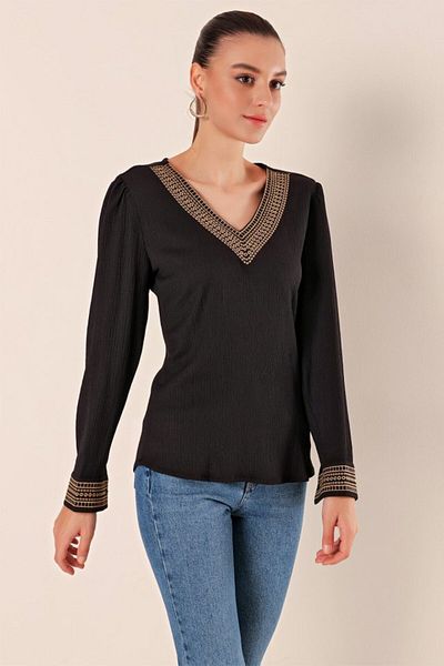 Kokosh moda 0466 Κεντημένη Πλεκτή Μπλούζα με V λαιμόκοψη - Μαύρη
