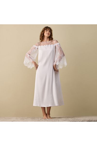 FAV Mesh 3D Floral Applique Night Gown with Long Sleeves