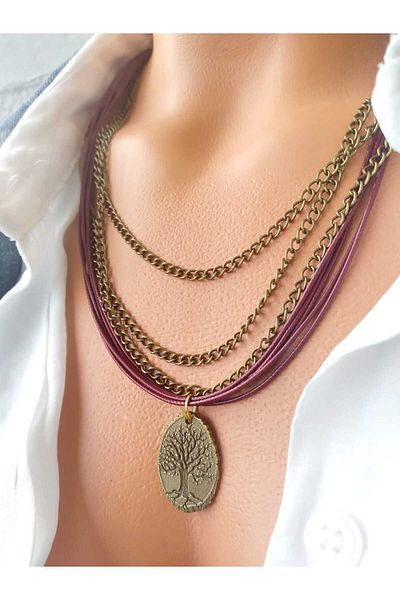 ZeynDesign Claret Red Tree of Life Leather Multiple Necklace