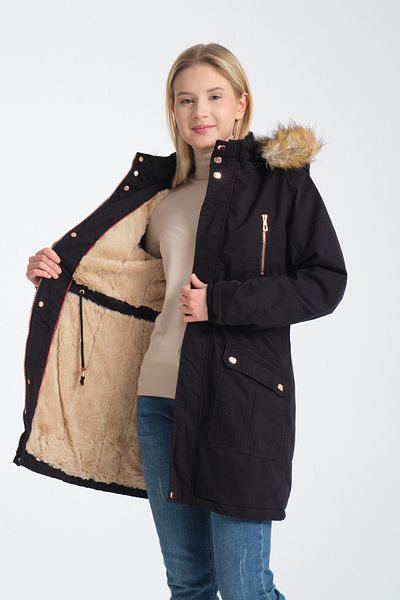 DYNAMO Women's Black Hood Detachable Warm Fur Lined Thick Coat