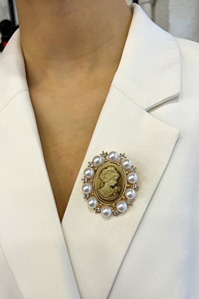 Modex İncili Taşlı Oval Kleopatra Broş (5cm)