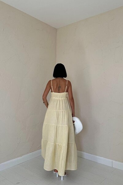 JANES Rochie de muselină cu dungi cu bretele galbene