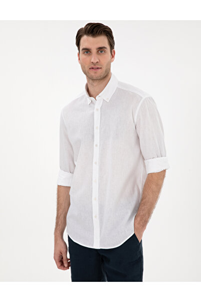 Pierre Cardin Λευκό λινό με μικτή εφαρμογή μακρυμάνικο πουκάμισο 50303388-VR013