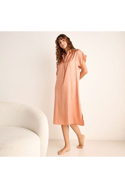 FAV Jacquard Textured Satin Sleepshirt with Pocket and Slit Detail