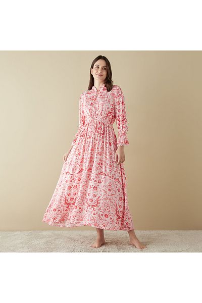 FAV All-Over Floral Print Night Gown with Tie-Ups and Bell Sleeves