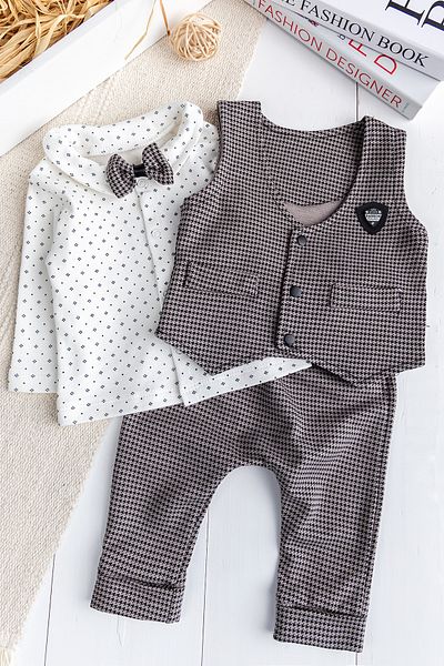Babymod Goose Feet Patterned Vest and Bow Tie 4-Piece Baby Boy Suit Set Stylish Special Day
