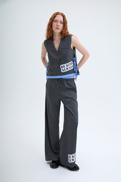 Quzu Anthracite Boxer Pants - Waist Detailed and Lettered Leg