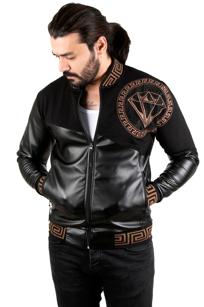 DeepSEA معطف رجالي من الجلد الصناعي ذو رقبة وتنورة مضلعة مرصعة بالألماس باللون الأسود2300403