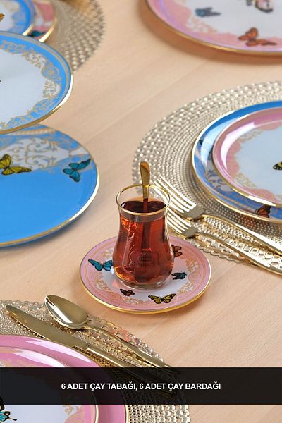 Glore Butterfly Effect Gold Gilded 12 Piece Glass Tea Set for 6 People