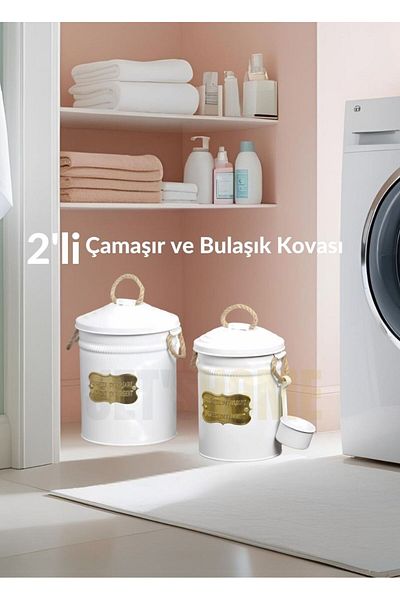 Jet's Home Σετ 2 μεταλλικών κουβάδων πιάτων, κουβά πλυντηρίου και απορρυπαντικού με ζυγαριά Holy Stainless White Galvanize