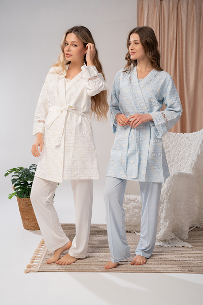 LOHOUSE Kadın Mavi Özel Dokuma Tasarım Lohusa Hamile Sabahlıklı 3'lü Pijama Takım