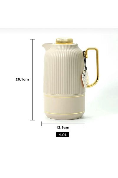 CEZVE HOME Luxury Stainless Steel Thermos Jug with Cream Gold Detail - 1 Lt.