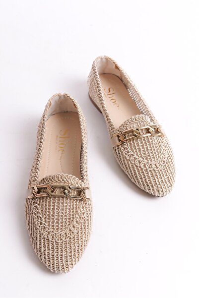 Bak Store Beige Knitted Chain Detailed Pointed Shape Flat Women's Ballerinas