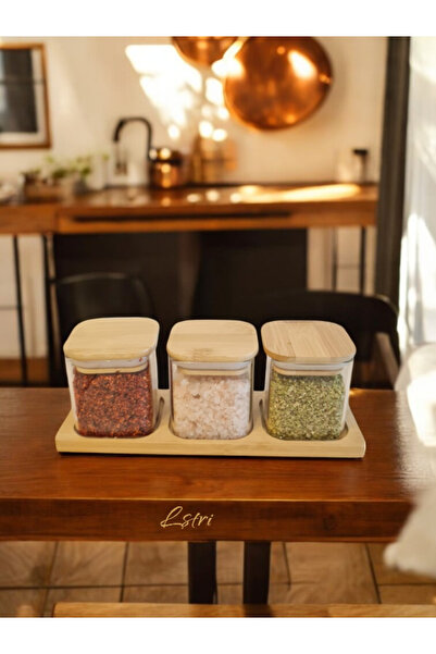 lstri Doğal Banbu Kapaklı  3’lü Cam Baharatlık, Bambu Stantlı Sosluk Reçellik...