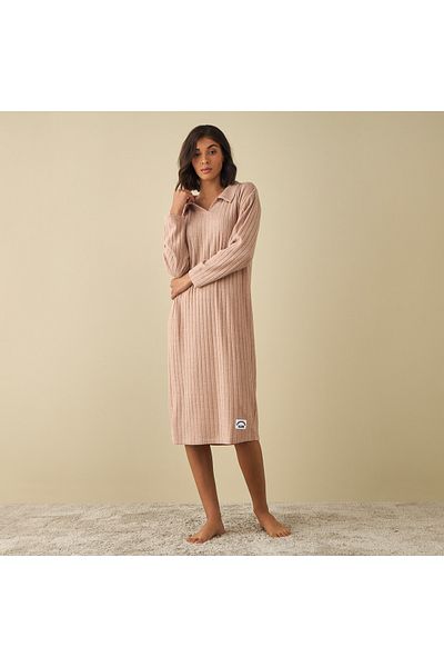 FAV Ribbed Collared Sleepshirt with Long Sleeves