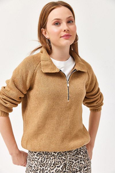 CALİENTE Mânecă lungă cu fermoar Pulover de tricotat cu model confortabil Mink