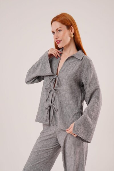 EPSWorld Eyesof Front Tie Detailed Trousers and Shirt Anthracite Two-Piece Set