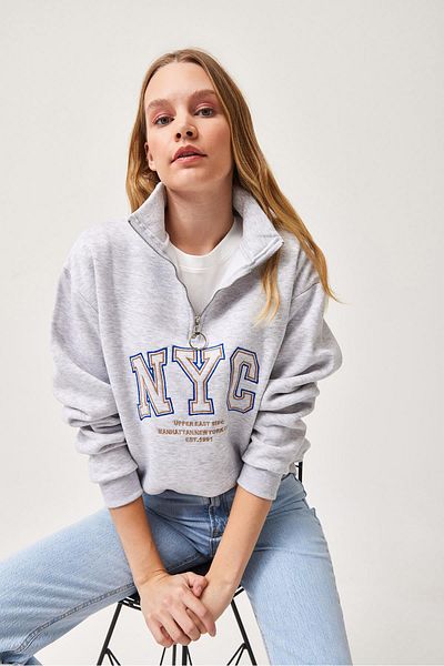CALİENTE Nyc Embroidered Zipper Detail Stand Collar Oversized Sweatshirt Gray