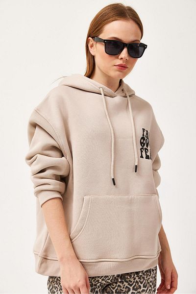 CALİENTE Oversize Hooded Kangaroo Pocket Sweatshirt Beige