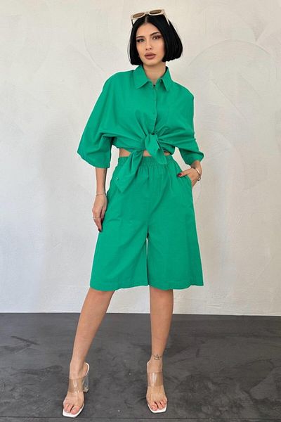 modaserdem Green Short Sleeve Linen Shirt and Shorts Set