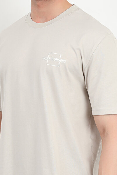 JB John Borners Ανδρικό μπλουζάκι με λαιμόκοψη μάρκας εμπριμέ 100% βαμβακερό μπεζ - 2271-2
