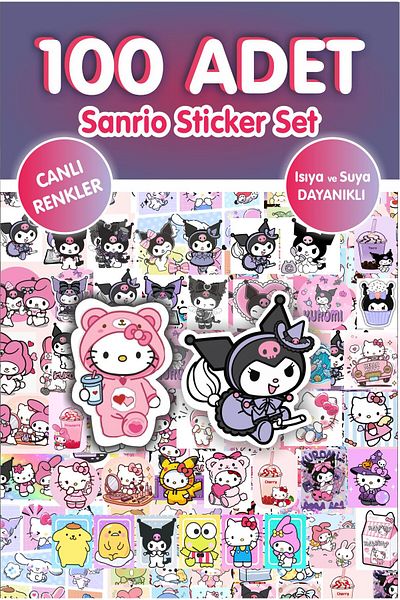 Piksel Grafik Kawaii Sanrio Sticker Set 100 Pieces - Kuromi Approximate Length and Notebook Pen