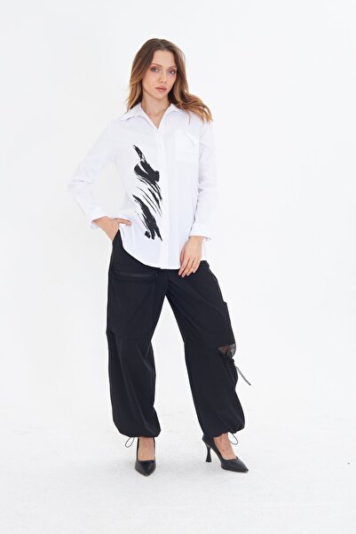 LAMANTE SIRT DETAYLI BASKILI BEYAZ TASARIM GÖMLEK