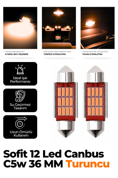 Kingstar Sofit 12 Led Canbus C5w Tavan Plaka Ampulü 2 Adet 36 mm Turuncu