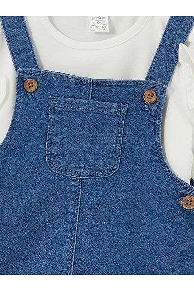LC Waikiki Lcw Baby Indigo Square Collar Baby Girl Jean Salopet Dress and T-Shirt Set